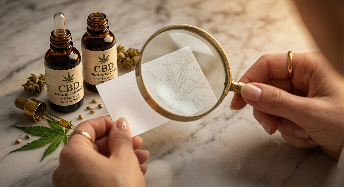 CBD product label reviewed under magnifying glass — regulatory language risk