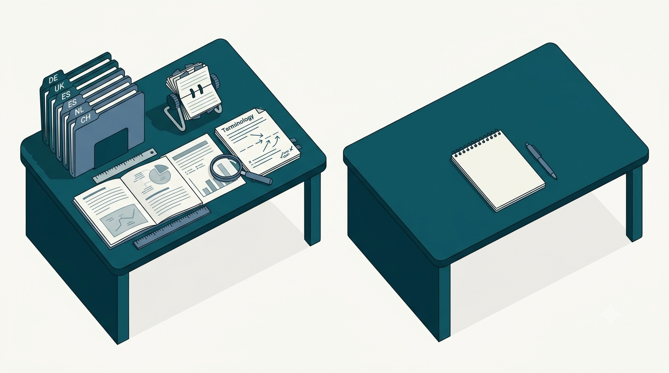 Specialist desk with regulatory glossaries by market vs empty generalist desk