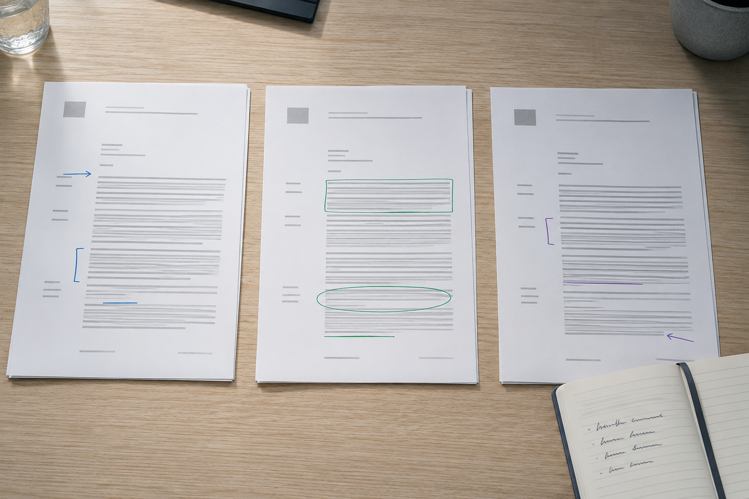 Three annotated legal documents side by side showing a cannabis translation specialist's review process
