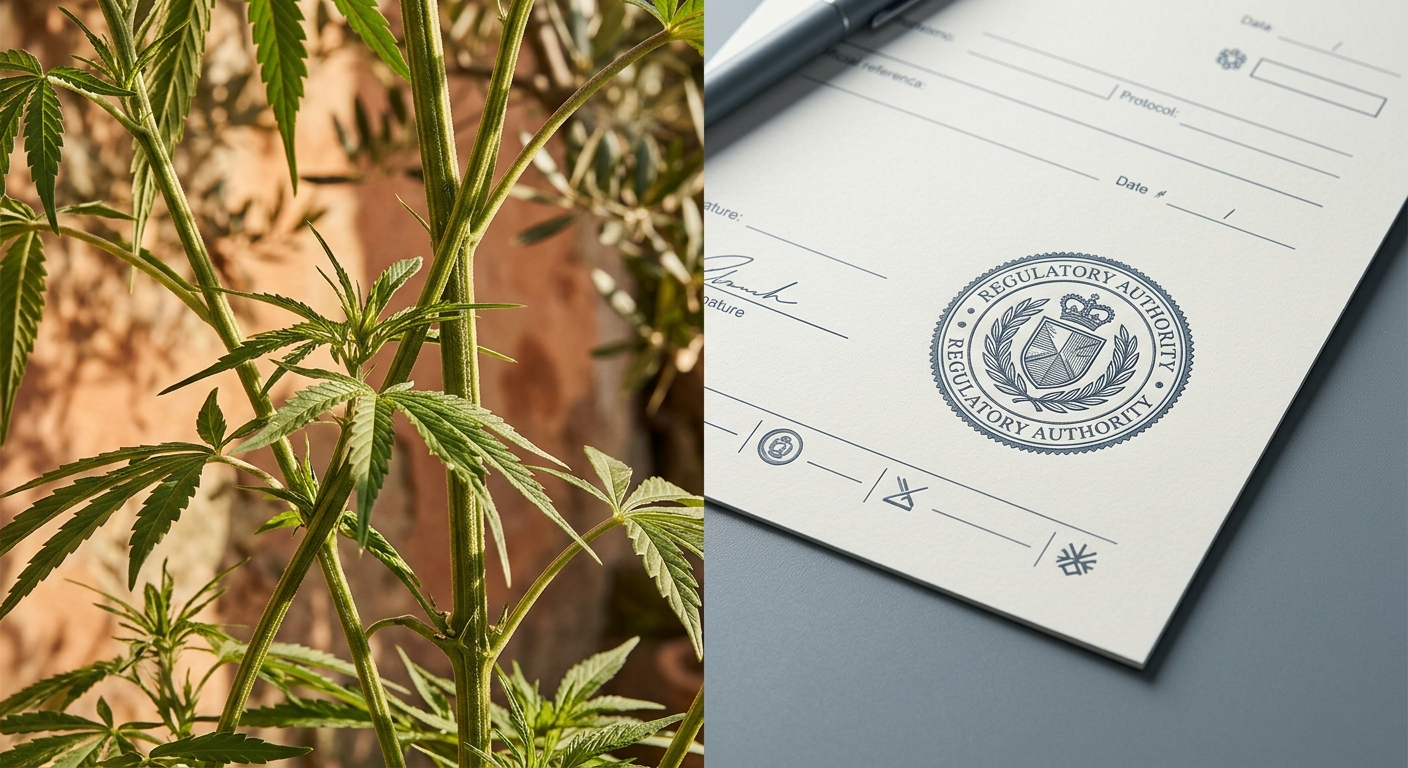 Hemp plant alongside regulatory authority document — two different markets