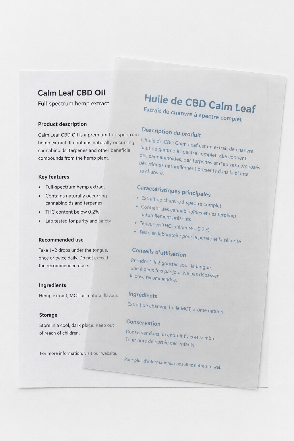 Two cards side by side printed with the words hemp and cáñamo, illustrating a translation that is linguistically correct but leaves regulatory meaning unexplained