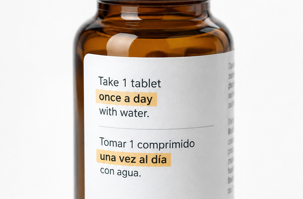 Bilingual pharmaceutical label on amber bottle showing ‘once a day’ and ‘una vez al día’ highlighted — illustrating medical cannabis translation Europe dosage risk