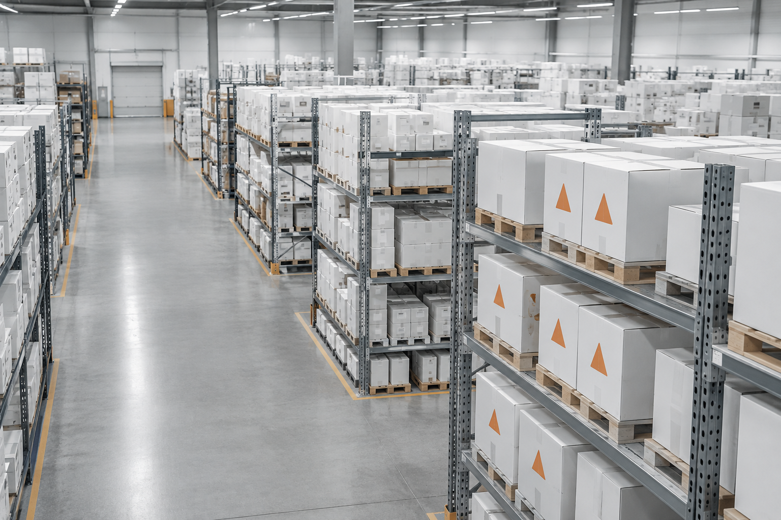 Pharmaceutical warehouse with palletised white boxes marked with orange triangles indicating batch hold