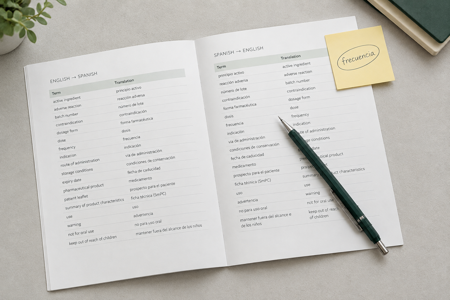 Bilingual pharmaceutical glossary open to English–Spanish terminology columns with frecuencia circled on a sticky note