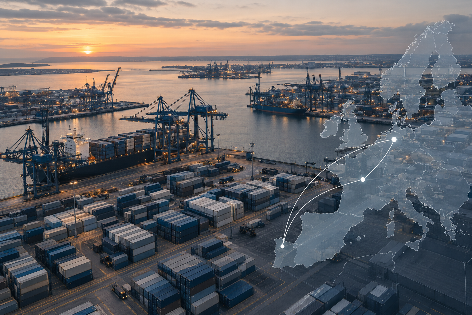 Aerial view of a European cargo port representing medical cannabis export volume growth in 2026